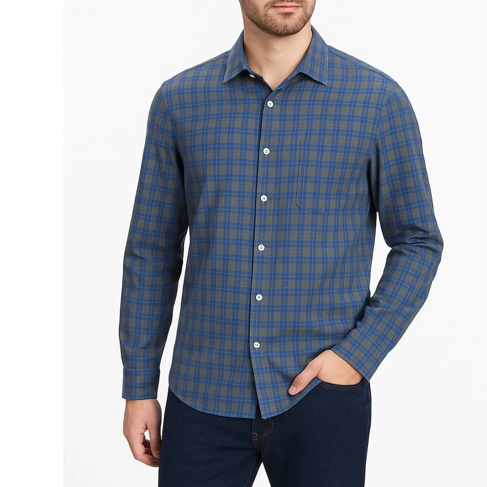 Banana Republic Mens Shirt L Blue Plaid Long Sleeve Untucked Standard Fit Casual